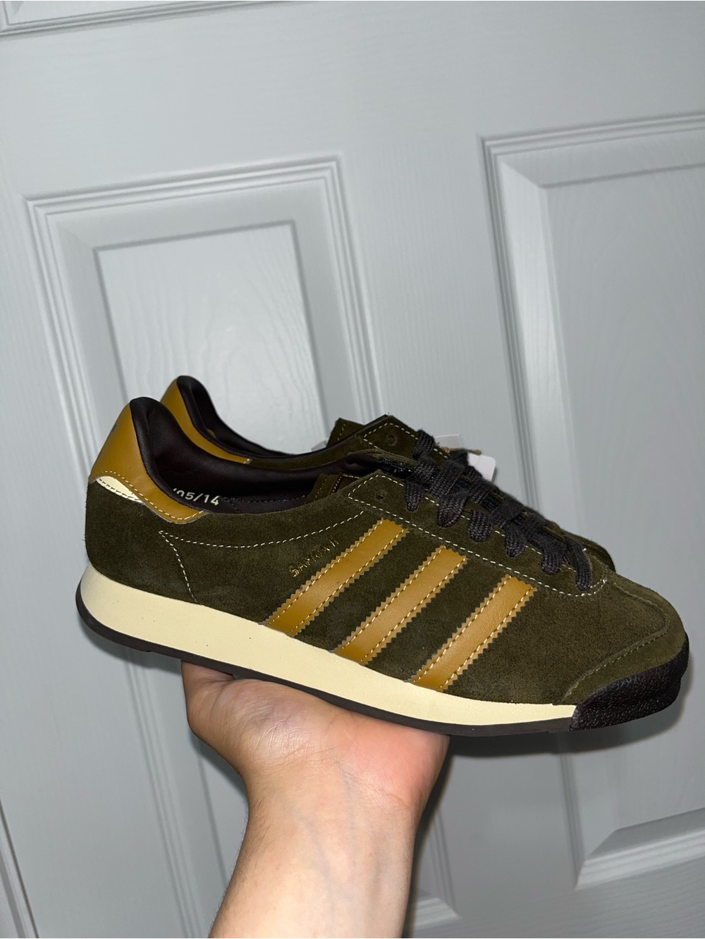 adidas Olive Suede Low-Top Sneaker with Gold Stripes